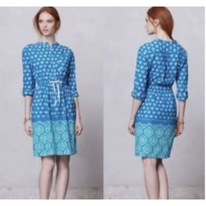 Anthropologie MEADOW RUE ANITA Button Down Tie Waist Shirt Dress Blue Size 8